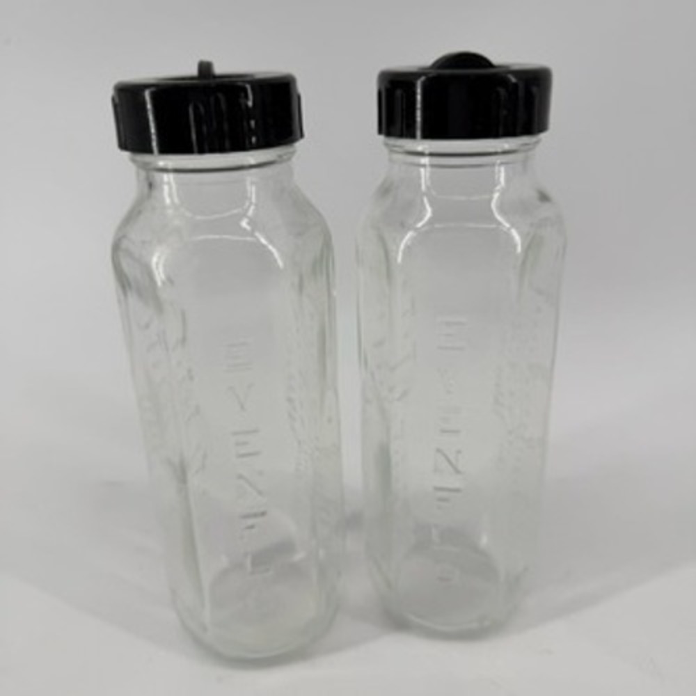 Vintage Evenflo Glass Baby Bottles 8oz Hexagonal Clear Set of 2 Black Lids